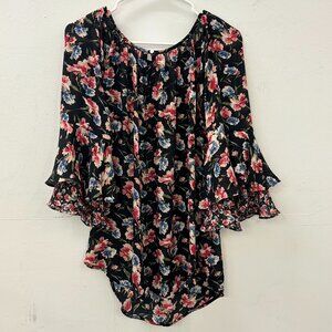 Black Floral Ruffle Sleeve Sheer Blouse with Pink & Blue Flowers